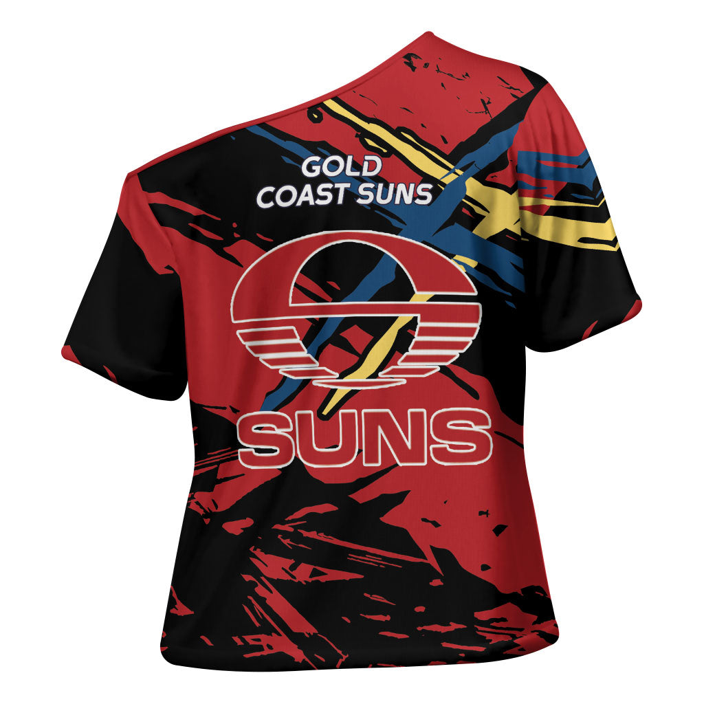 Gold Coast Suns Cross Shoulder Shirt Suns Muscular Mascot Graphic - Abstract Paint Splatter Art