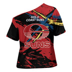 Gold Coast Suns Cross Shoulder Shirt Suns Muscular Mascot Graphic - Abstract Paint Splatter Art