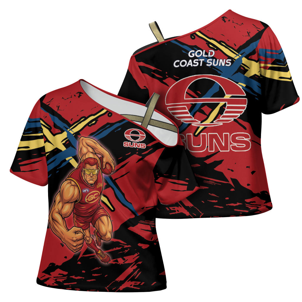 Gold Coast Suns Cross Shoulder Shirt Suns Muscular Mascot Graphic - Abstract Paint Splatter Art