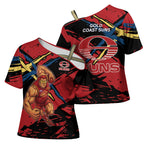 Gold Coast Suns Cross Shoulder Shirt Suns Muscular Mascot Graphic - Abstract Paint Splatter Art