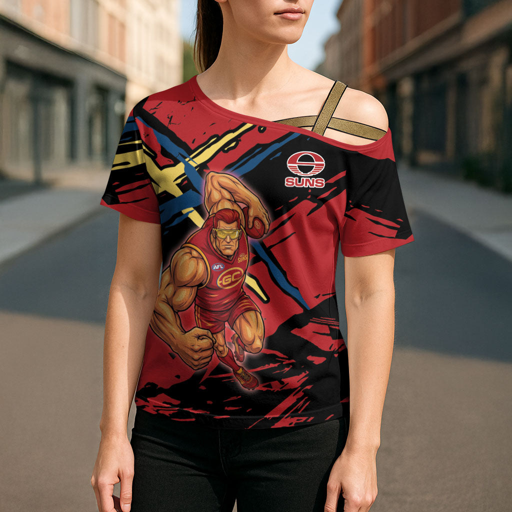 Gold Coast Suns Cross Shoulder Shirt Suns Muscular Mascot Graphic - Abstract Paint Splatter Art