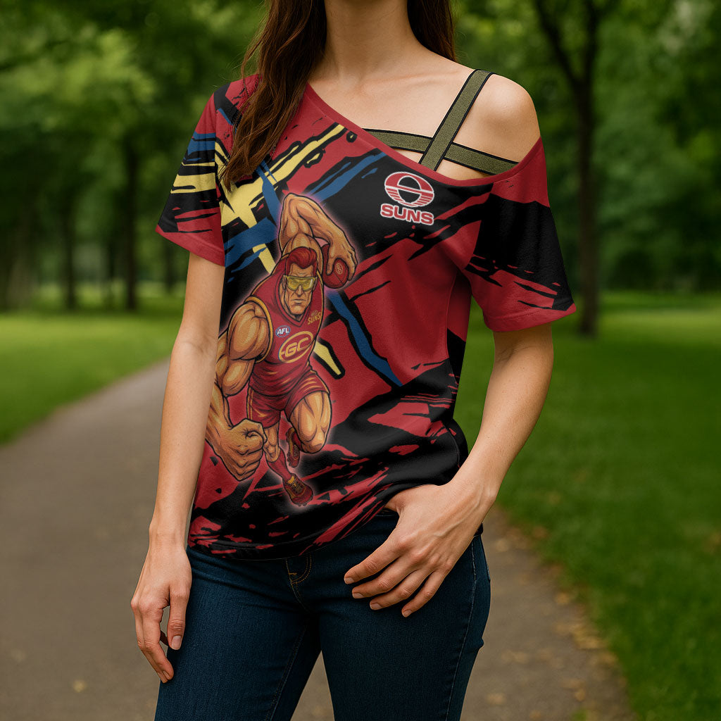 Gold Coast Suns Cross Shoulder Shirt Suns Muscular Mascot Graphic - Abstract Paint Splatter Art