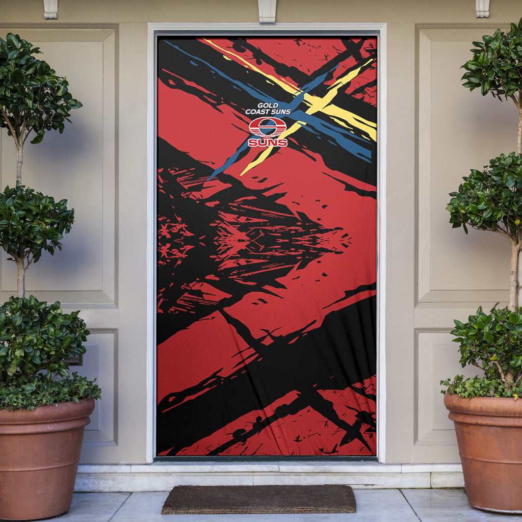 Gold Coast Suns Door Cover Suns Muscular Mascot Graphic - Abstract Paint Splatter Art