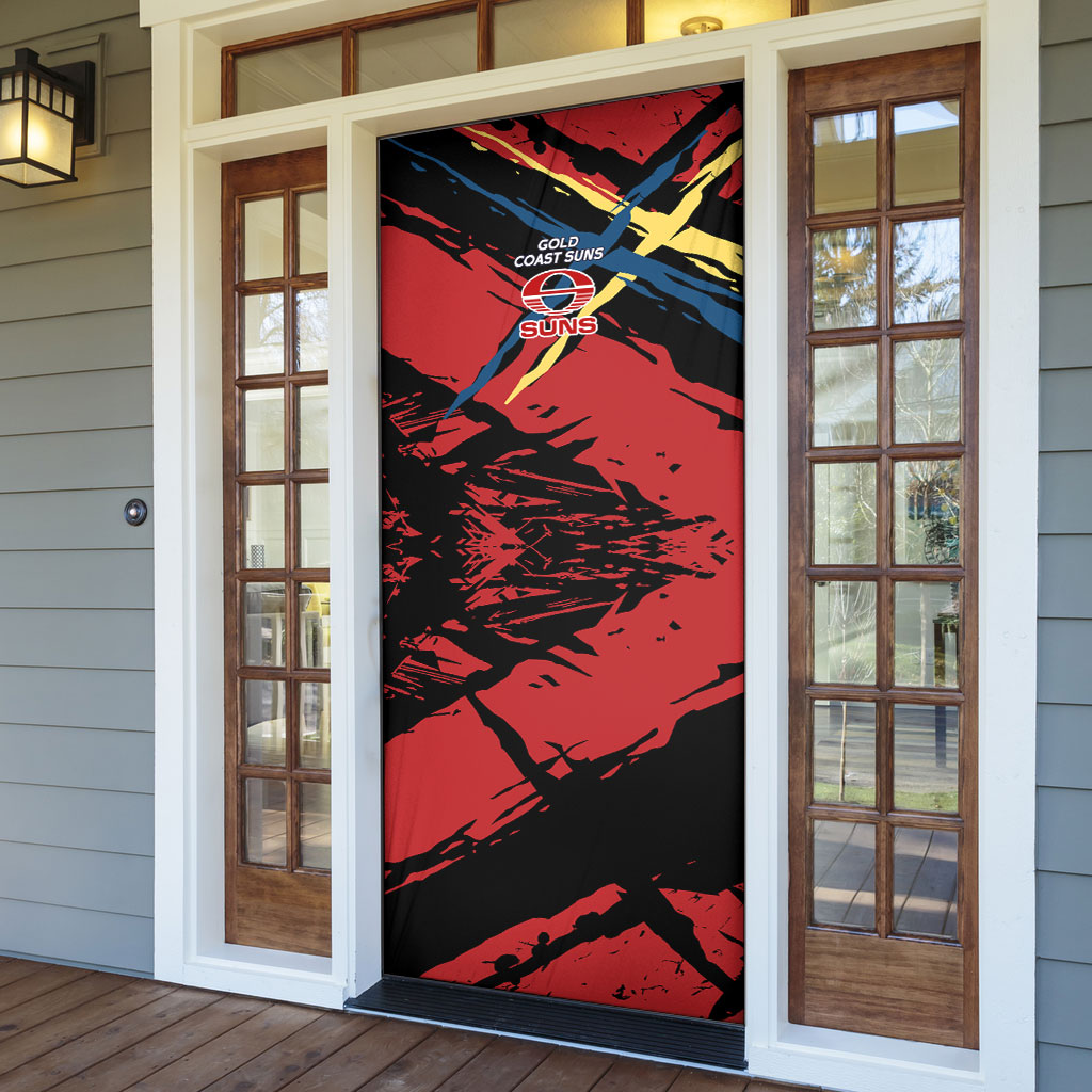 Gold Coast Suns Door Cover Suns Muscular Mascot Graphic - Abstract Paint Splatter Art