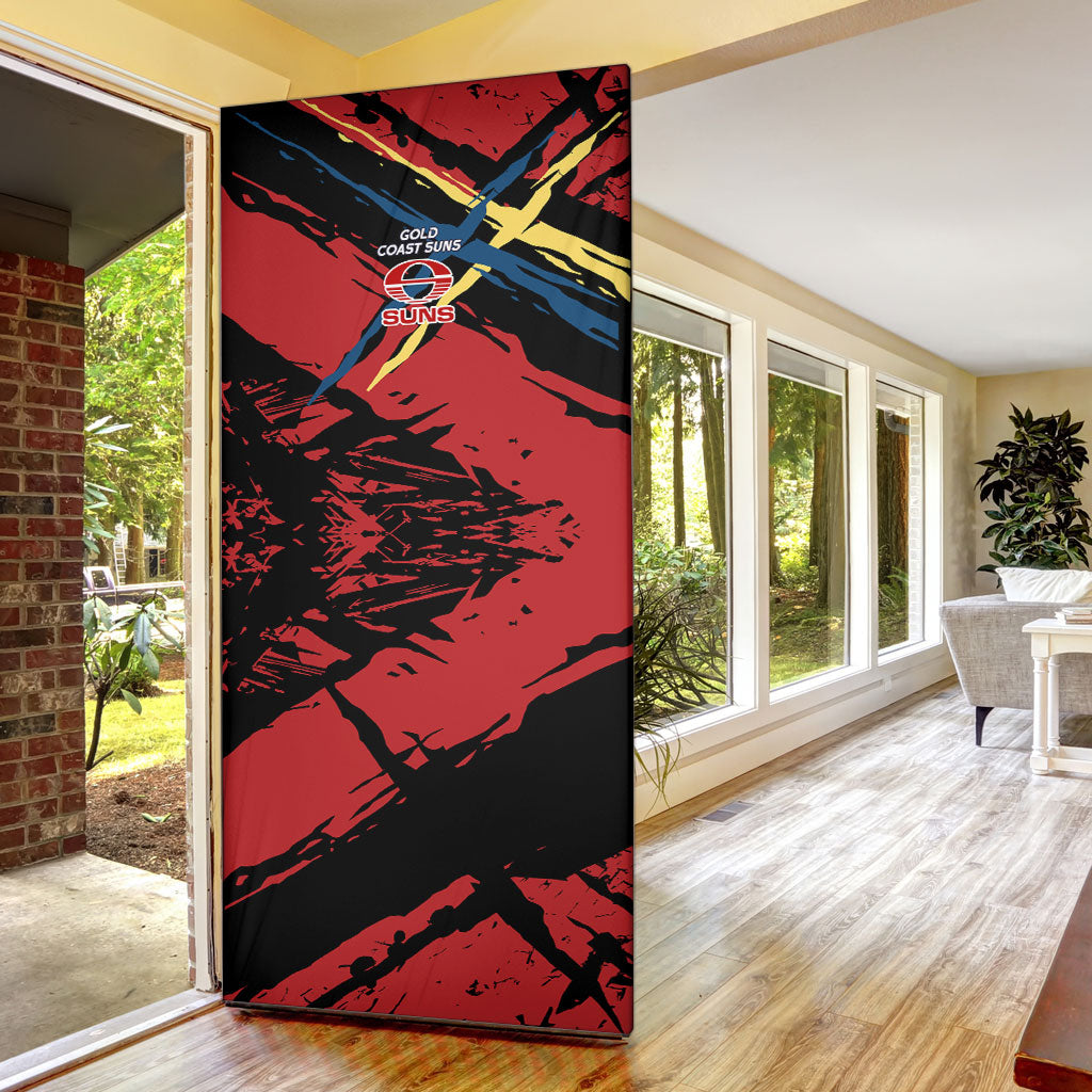 Gold Coast Suns Door Cover Suns Muscular Mascot Graphic - Abstract Paint Splatter Art