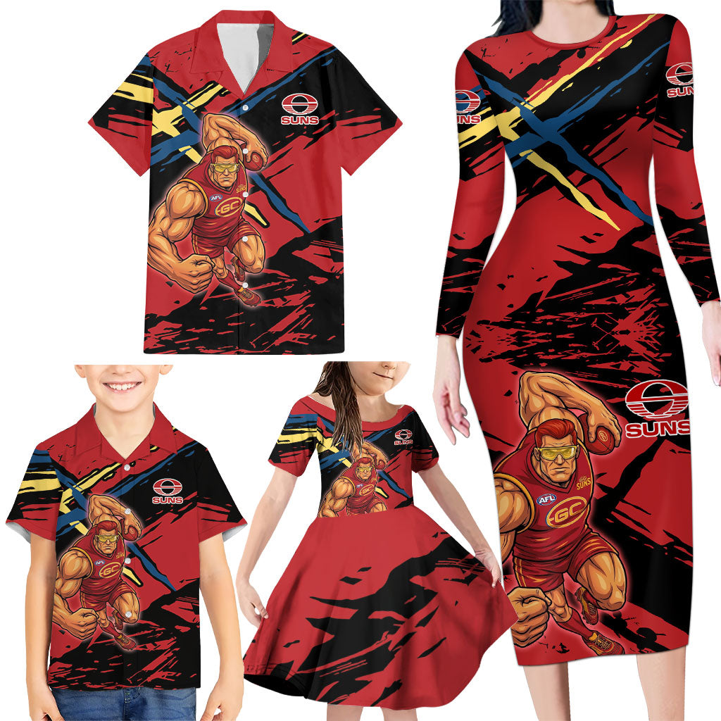 Gold Coast Suns Family Matching Long Sleeve Bodycon Dress and Hawaiian Shirt Suns Muscular Mascot Graphic - Abstract Paint Splatter Art