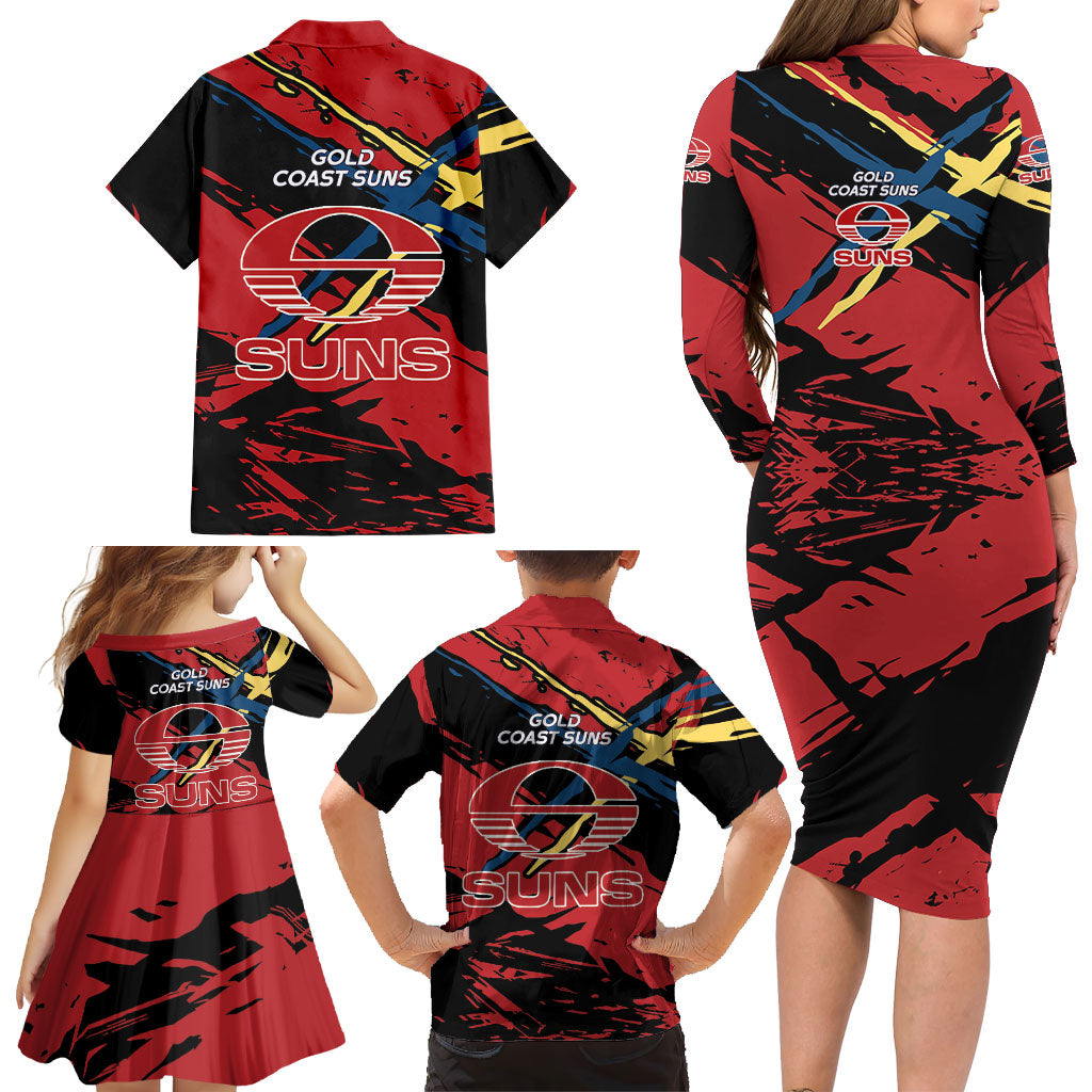 Gold Coast Suns Family Matching Long Sleeve Bodycon Dress and Hawaiian Shirt Suns Muscular Mascot Graphic - Abstract Paint Splatter Art