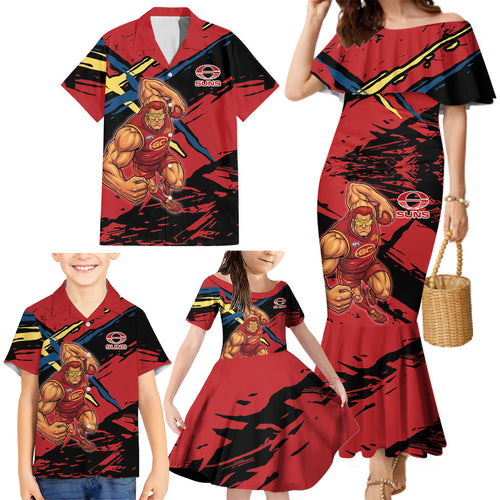 Gold Coast Suns Family Matching Mermaid Dress and Hawaiian Shirt Suns Muscular Mascot Graphic - Abstract Paint Splatter Art
