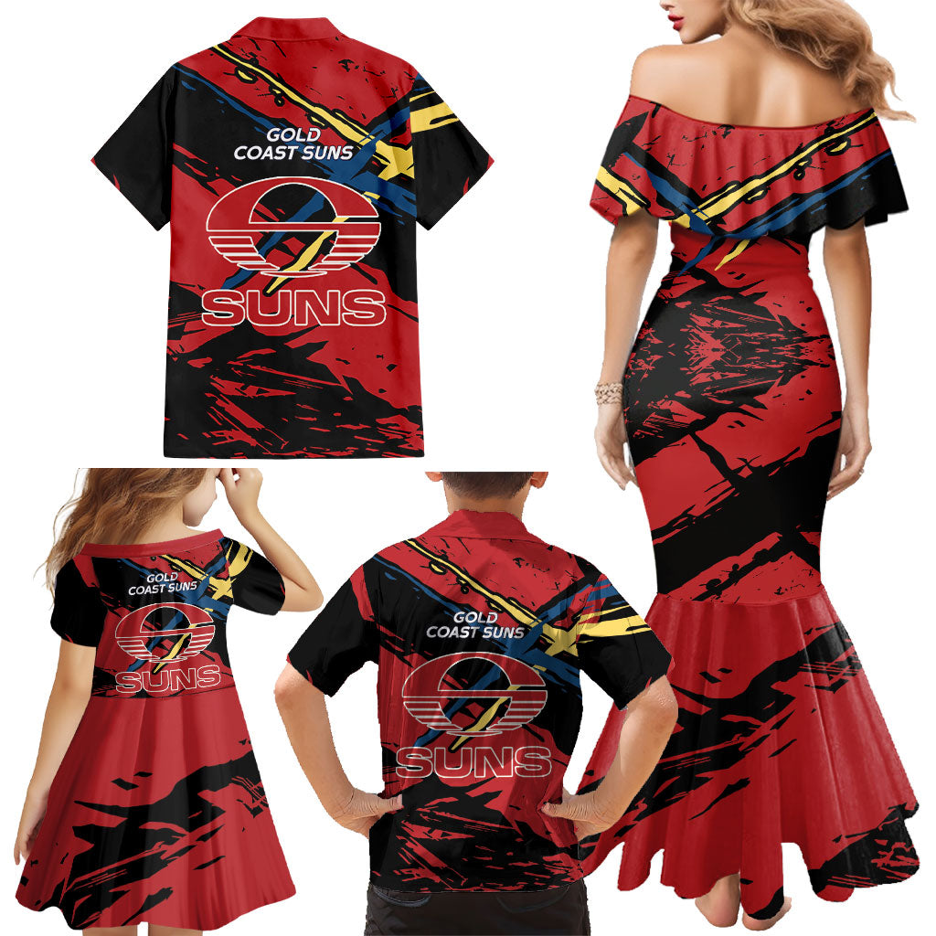 Gold Coast Suns Family Matching Mermaid Dress and Hawaiian Shirt Suns Muscular Mascot Graphic - Abstract Paint Splatter Art