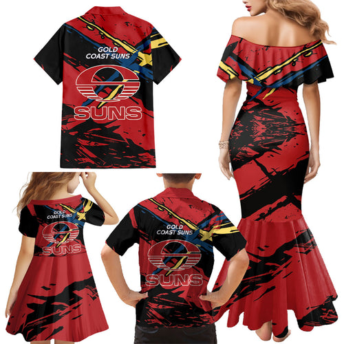 Gold Coast Suns Family Matching Mermaid Dress and Hawaiian Shirt Suns Muscular Mascot Graphic - Abstract Paint Splatter Art