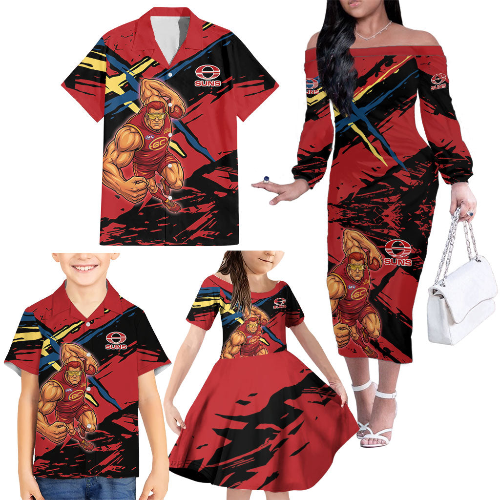 Gold Coast Suns Family Matching Off The Shoulder Long Sleeve Dress and Hawaiian Shirt Suns Muscular Mascot Graphic - Abstract Paint Splatter Art
