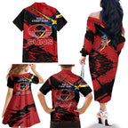 Gold Coast Suns Family Matching Off The Shoulder Long Sleeve Dress and Hawaiian Shirt Suns Muscular Mascot Graphic - Abstract Paint Splatter Art