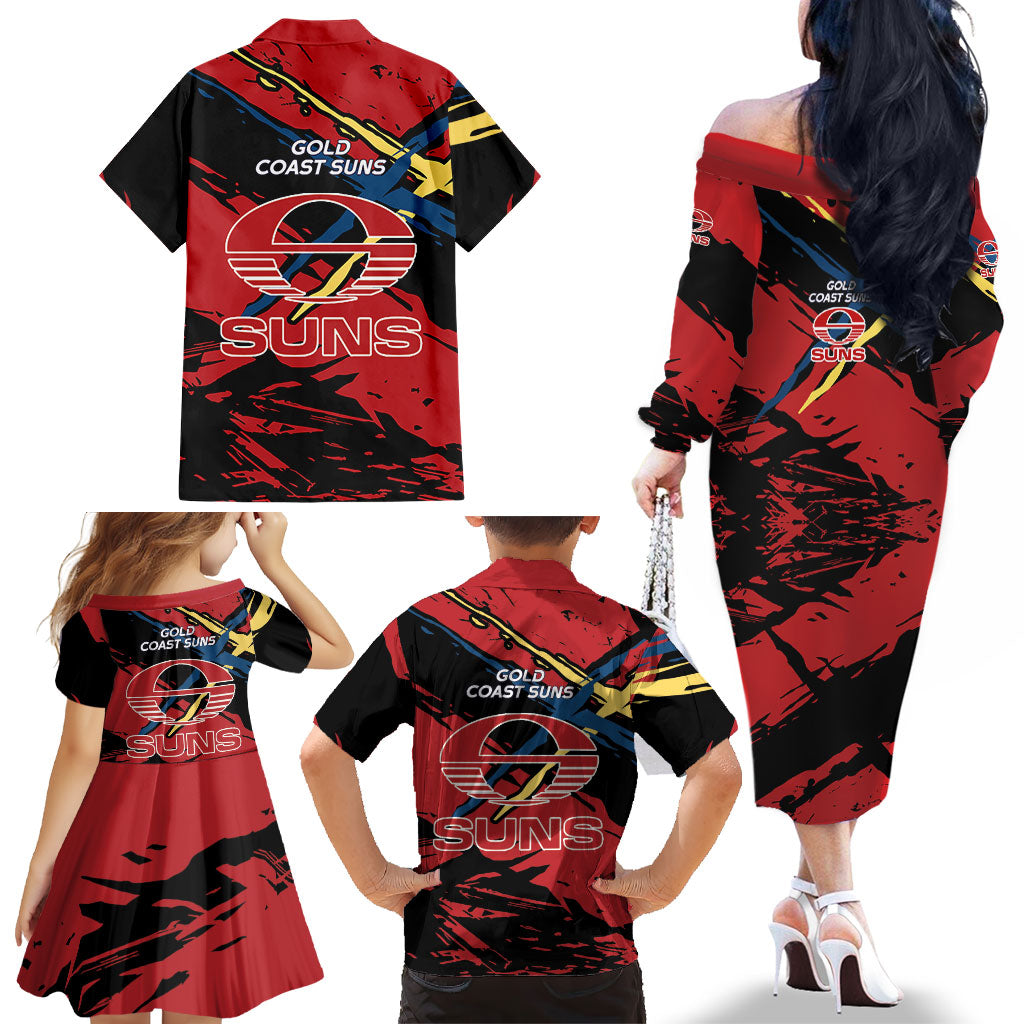 Gold Coast Suns Family Matching Off The Shoulder Long Sleeve Dress and Hawaiian Shirt Suns Muscular Mascot Graphic - Abstract Paint Splatter Art