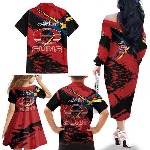 Gold Coast Suns Family Matching Off The Shoulder Long Sleeve Dress and Hawaiian Shirt Suns Muscular Mascot Graphic - Abstract Paint Splatter Art