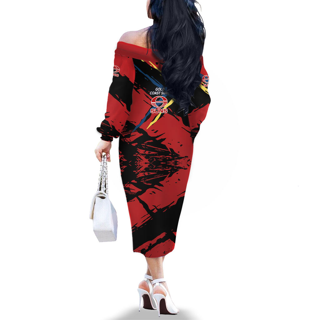Gold Coast Suns Family Matching Off The Shoulder Long Sleeve Dress and Hawaiian Shirt Suns Muscular Mascot Graphic - Abstract Paint Splatter Art