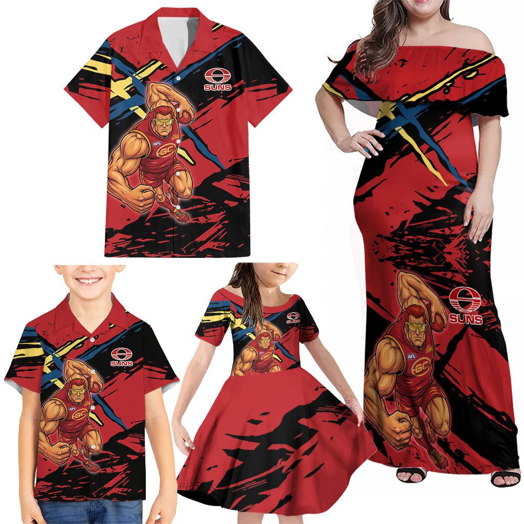 Gold Coast Suns Family Matching Off Shoulder Maxi Dress and Hawaiian Shirt Suns Muscular Mascot Graphic - Abstract Paint Splatter Art