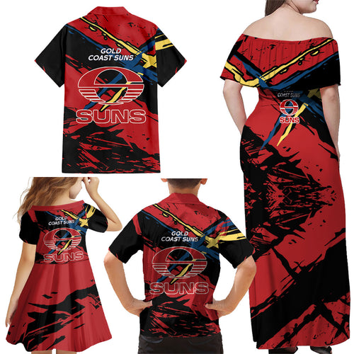 Gold Coast Suns Family Matching Off Shoulder Maxi Dress and Hawaiian Shirt Suns Muscular Mascot Graphic - Abstract Paint Splatter Art
