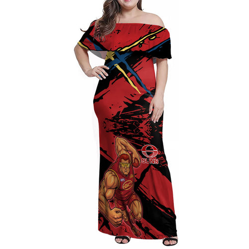 Gold Coast Suns Family Matching Off Shoulder Maxi Dress and Hawaiian Shirt Suns Muscular Mascot Graphic - Abstract Paint Splatter Art