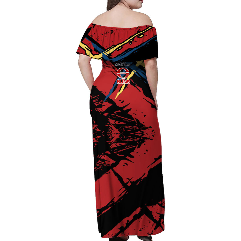 Gold Coast Suns Family Matching Off Shoulder Maxi Dress and Hawaiian Shirt Suns Muscular Mascot Graphic - Abstract Paint Splatter Art