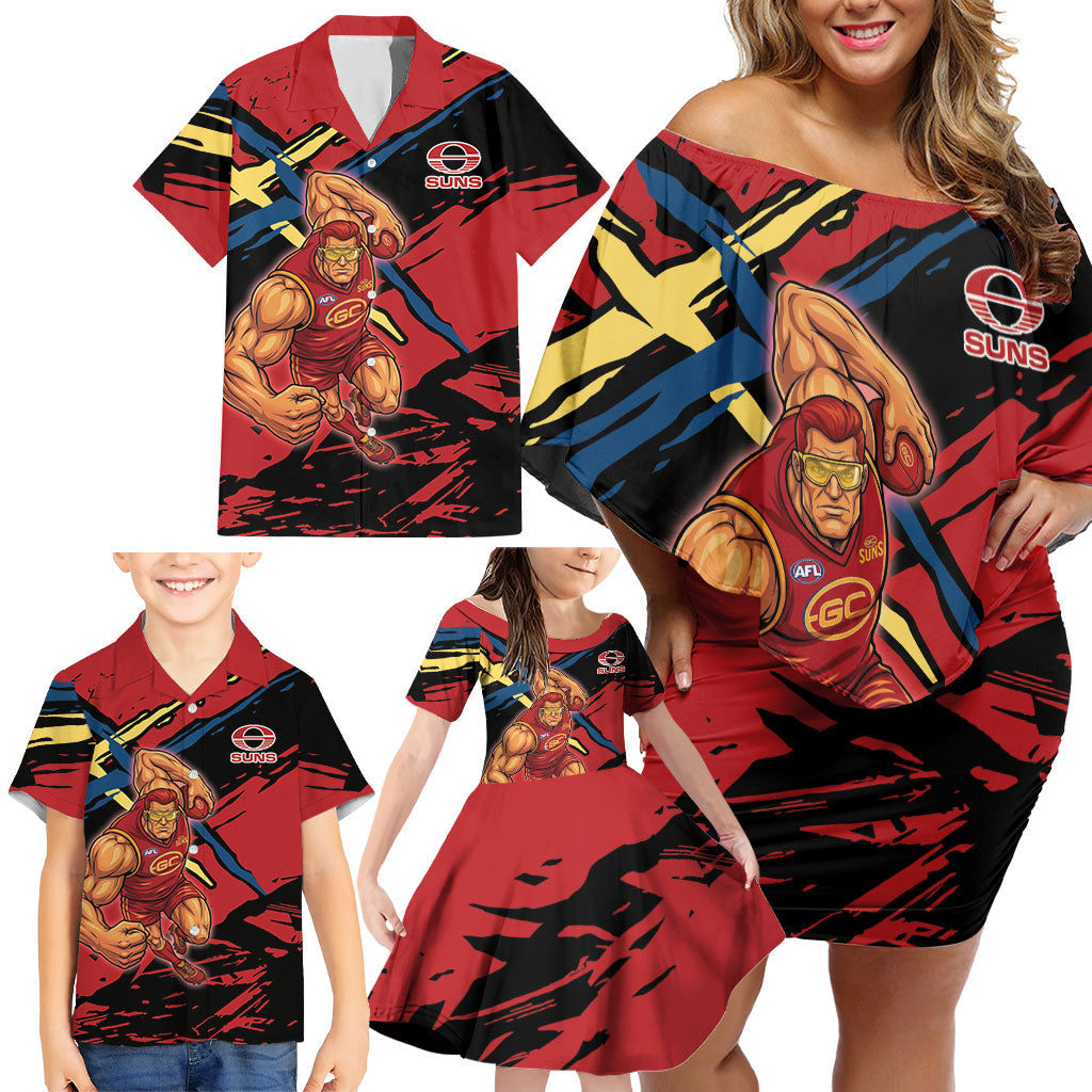 Gold Coast Suns Family Matching Off Shoulder Short Dress and Hawaiian Shirt Suns Muscular Mascot Graphic - Abstract Paint Splatter Art