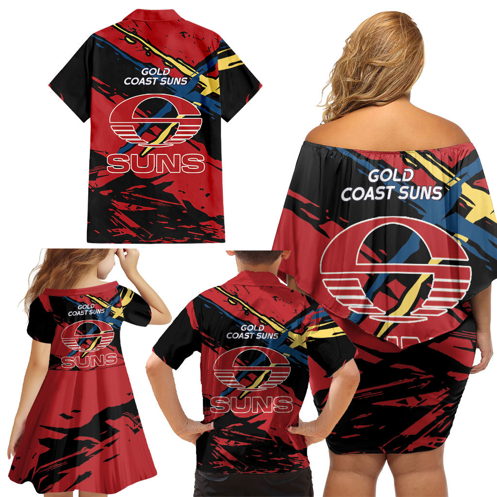 Gold Coast Suns Family Matching Off Shoulder Short Dress and Hawaiian Shirt Suns Muscular Mascot Graphic - Abstract Paint Splatter Art