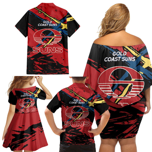 Gold Coast Suns Family Matching Off Shoulder Short Dress and Hawaiian Shirt Suns Muscular Mascot Graphic - Abstract Paint Splatter Art