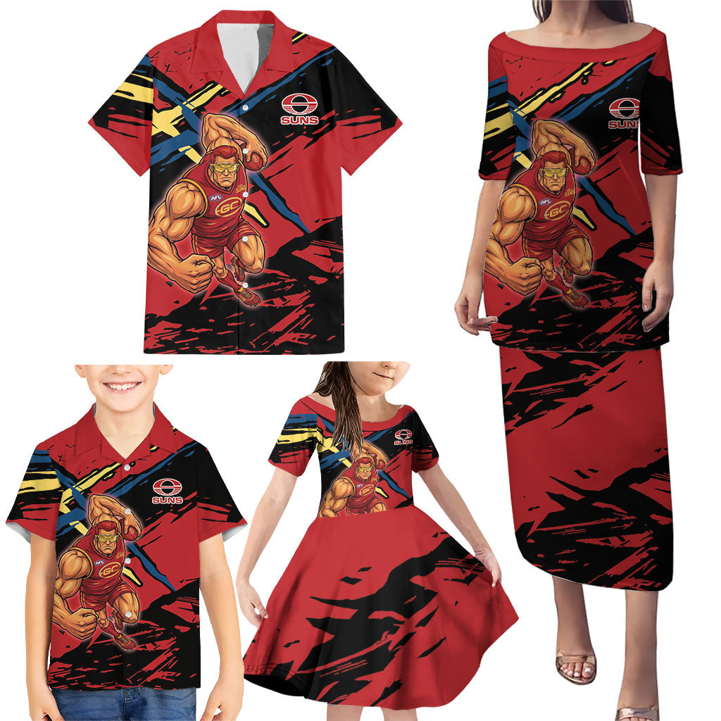 Gold Coast Suns Family Matching Puletasi and Hawaiian Shirt Suns Muscular Mascot Graphic - Abstract Paint Splatter Art