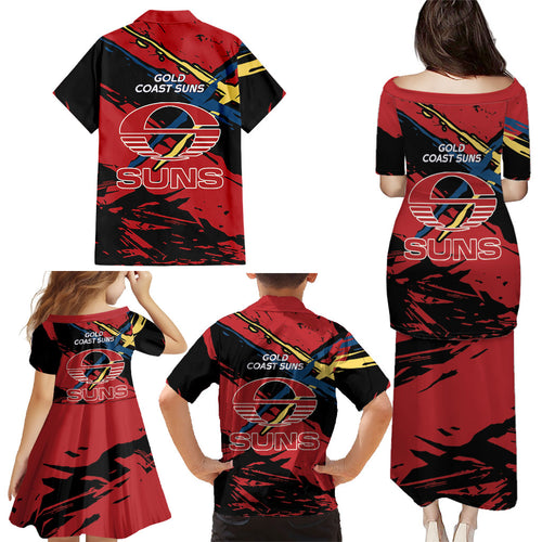 Gold Coast Suns Family Matching Puletasi and Hawaiian Shirt Suns Muscular Mascot Graphic - Abstract Paint Splatter Art