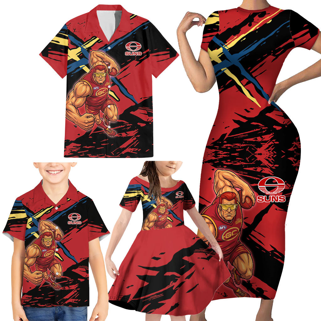 Gold Coast Suns Family Matching Short Sleeve Bodycon Dress and Hawaiian Shirt Suns Muscular Mascot Graphic - Abstract Paint Splatter Art