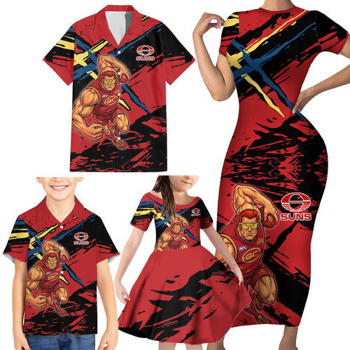 Gold Coast Suns Family Matching Short Sleeve Bodycon Dress and Hawaiian Shirt Suns Muscular Mascot Graphic - Abstract Paint Splatter Art