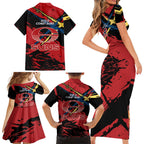 Gold Coast Suns Family Matching Short Sleeve Bodycon Dress and Hawaiian Shirt Suns Muscular Mascot Graphic - Abstract Paint Splatter Art