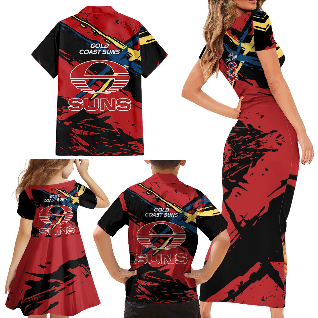 Gold Coast Suns Family Matching Short Sleeve Bodycon Dress and Hawaiian Shirt Suns Muscular Mascot Graphic - Abstract Paint Splatter Art