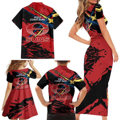 Gold Coast Suns Family Matching Short Sleeve Bodycon Dress and Hawaiian Shirt Suns Muscular Mascot Graphic - Abstract Paint Splatter Art