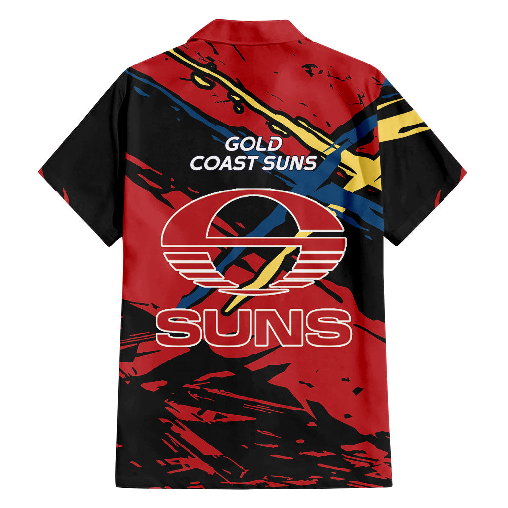 Gold Coast Suns Family Matching Short Sleeve Bodycon Dress and Hawaiian Shirt Suns Muscular Mascot Graphic - Abstract Paint Splatter Art