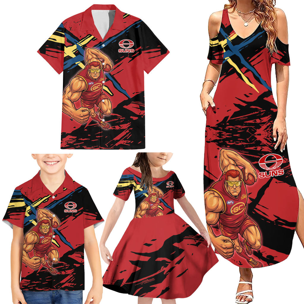 Gold Coast Suns Family Matching Summer Maxi Dress and Hawaiian Shirt Suns Muscular Mascot Graphic - Abstract Paint Splatter Art