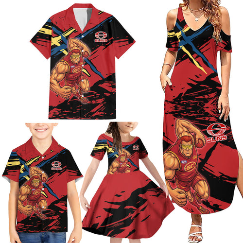 Gold Coast Suns Family Matching Summer Maxi Dress and Hawaiian Shirt Suns Muscular Mascot Graphic - Abstract Paint Splatter Art