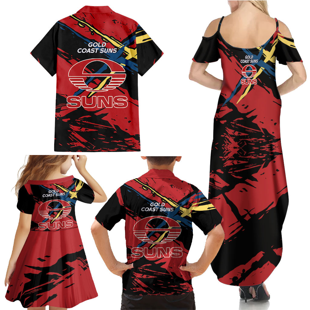 Gold Coast Suns Family Matching Summer Maxi Dress and Hawaiian Shirt Suns Muscular Mascot Graphic - Abstract Paint Splatter Art
