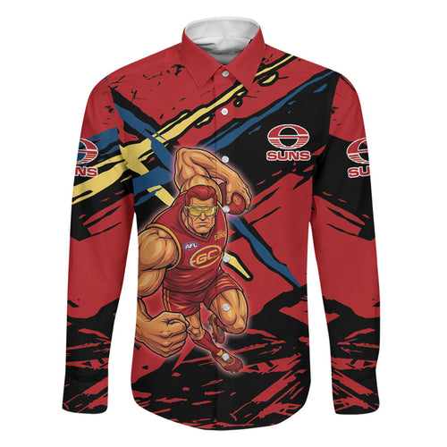 Gold Coast Suns Family Matching Summer Maxi Dress and Hawaiian Shirt Suns Muscular Mascot Graphic - Abstract Paint Splatter Art