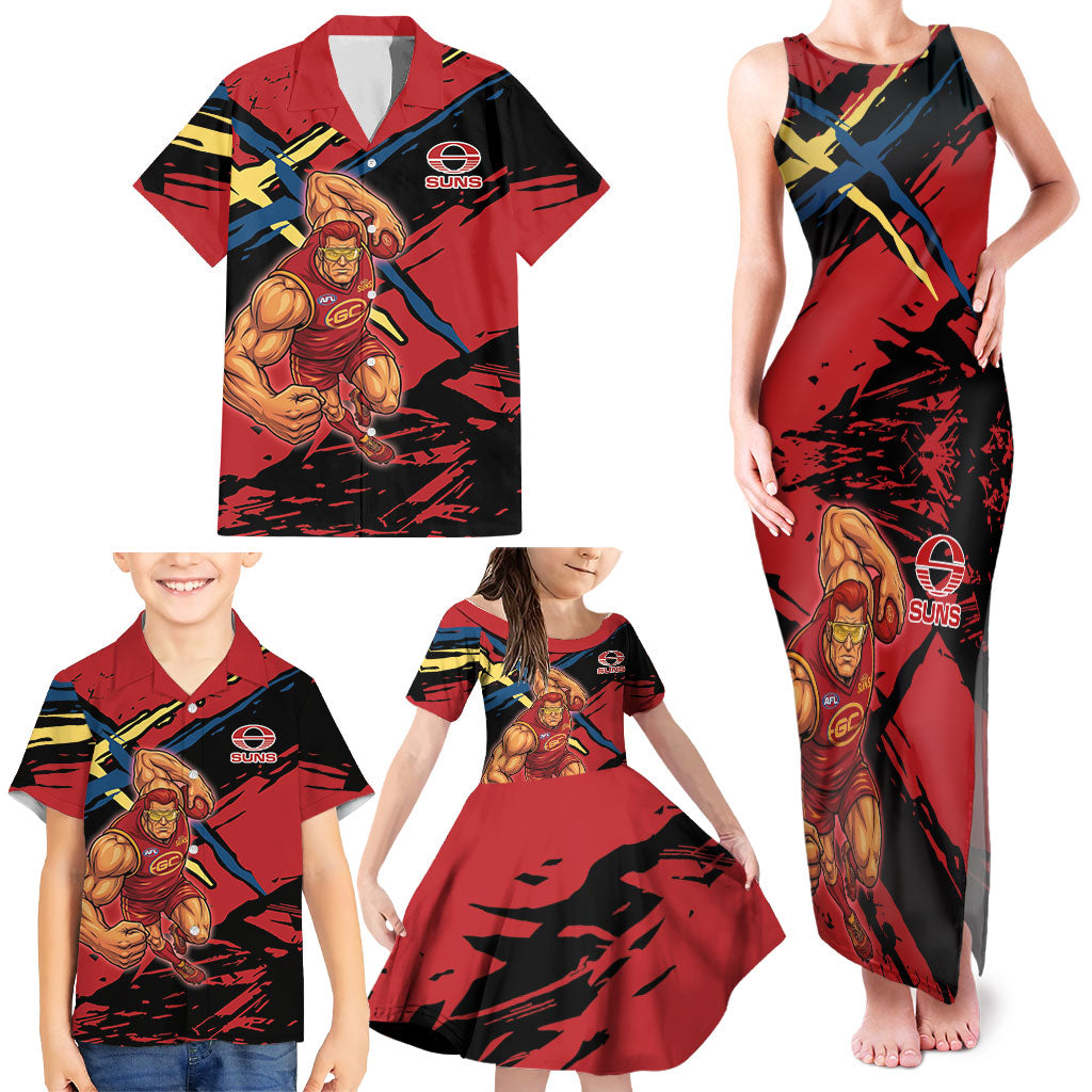 Gold Coast Suns Family Matching Tank Maxi Dress and Hawaiian Shirt Suns Muscular Mascot Graphic - Abstract Paint Splatter Art