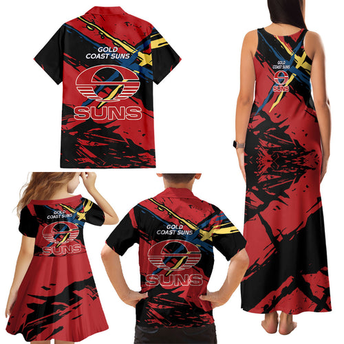 Gold Coast Suns Family Matching Tank Maxi Dress and Hawaiian Shirt Suns Muscular Mascot Graphic - Abstract Paint Splatter Art