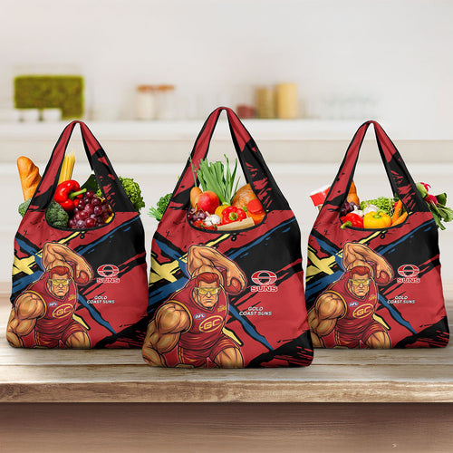 Gold Coast Suns Grocery Bag Suns Muscular Mascot Graphic - Abstract Paint Splatter Art