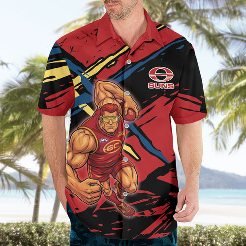 Gold Coast Suns Hawaiian Shirt Suns Muscular Mascot Graphic - Abstract Paint Splatter Art