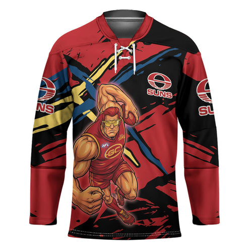 Gold Coast Suns Hockey Jersey Suns Muscular Mascot Graphic - Abstract Paint Splatter Art