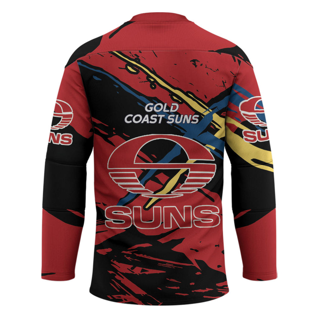 Gold Coast Suns Hockey Jersey Suns Muscular Mascot Graphic - Abstract Paint Splatter Art