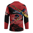 Gold Coast Suns Hockey Jersey Suns Muscular Mascot Graphic - Abstract Paint Splatter Art