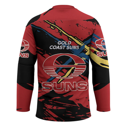 Gold Coast Suns Hockey Jersey Suns Muscular Mascot Graphic - Abstract Paint Splatter Art