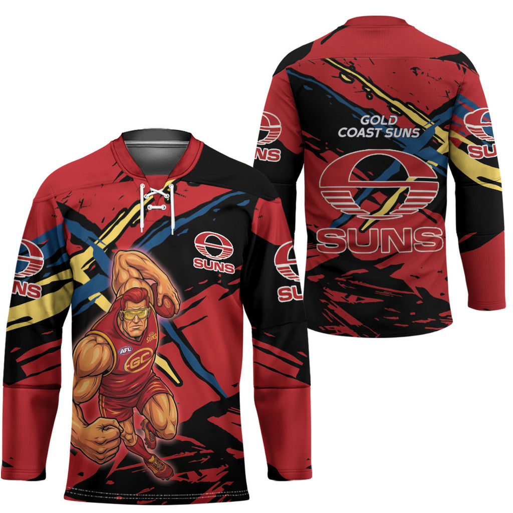 Gold Coast Suns Hockey Jersey Suns Muscular Mascot Graphic - Abstract Paint Splatter Art