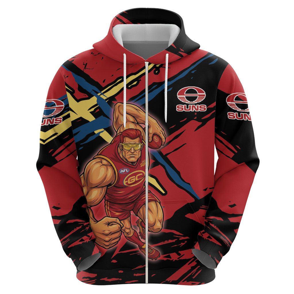 Gold Coast Suns Hoodie Suns Muscular Mascot Graphic - Abstract Paint Splatter Art