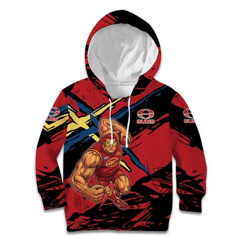 Gold Coast Suns Kid Hoodie Suns Muscular Mascot Graphic - Abstract Paint Splatter Art