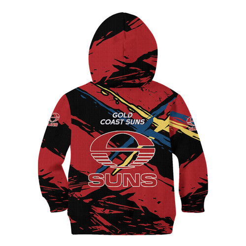 Gold Coast Suns Kid Hoodie Suns Muscular Mascot Graphic - Abstract Paint Splatter Art